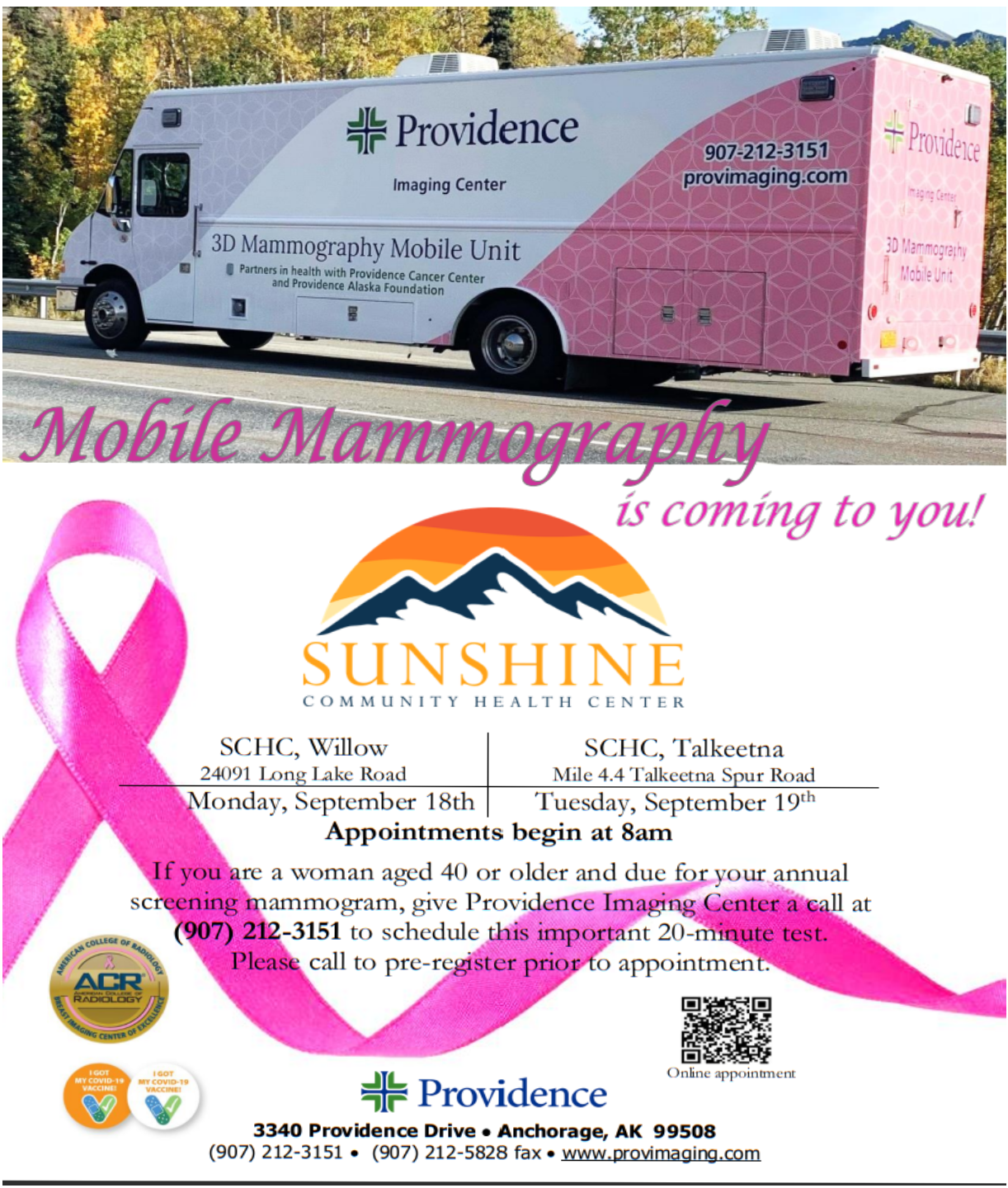 Flyer for providence imaging mobile Mammograms