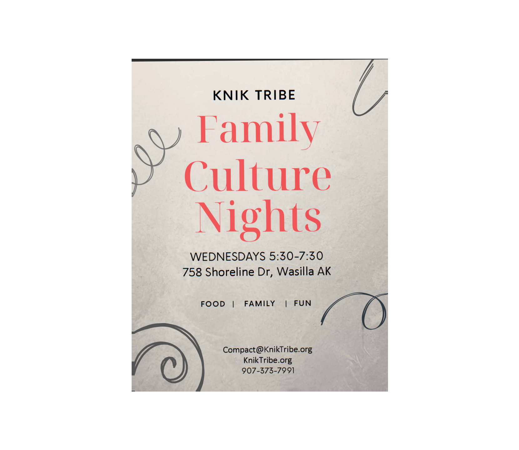 Flyer for weekly family culture night hosted by Knik Tribe