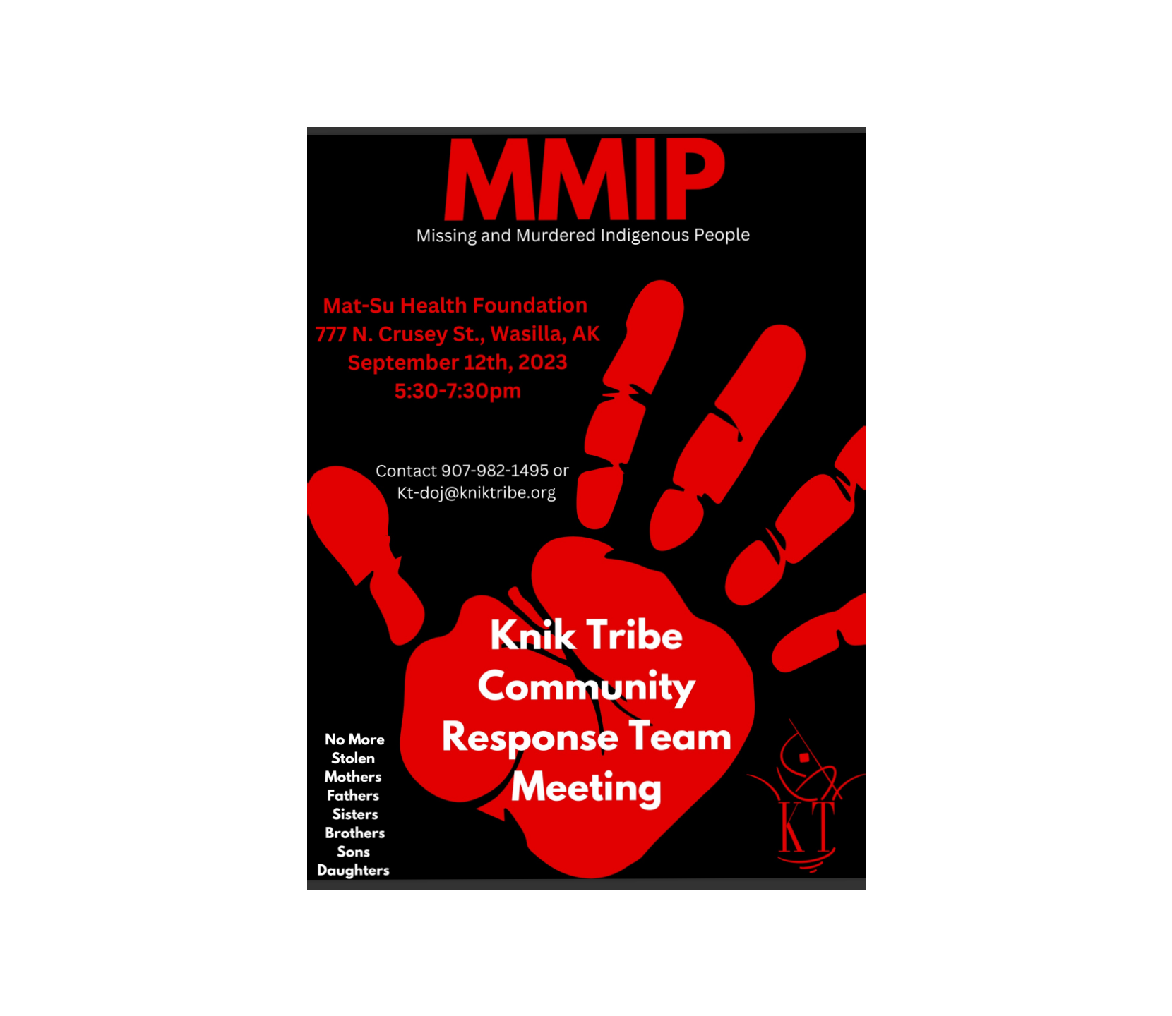 Flyer for missing and murdered indigenous people meeting held by Knik Tribe response team.