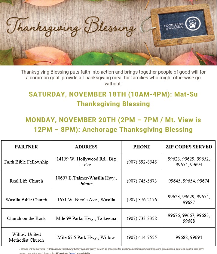 Details on Thanksgiving meal schedule for Foodbank holiday event.