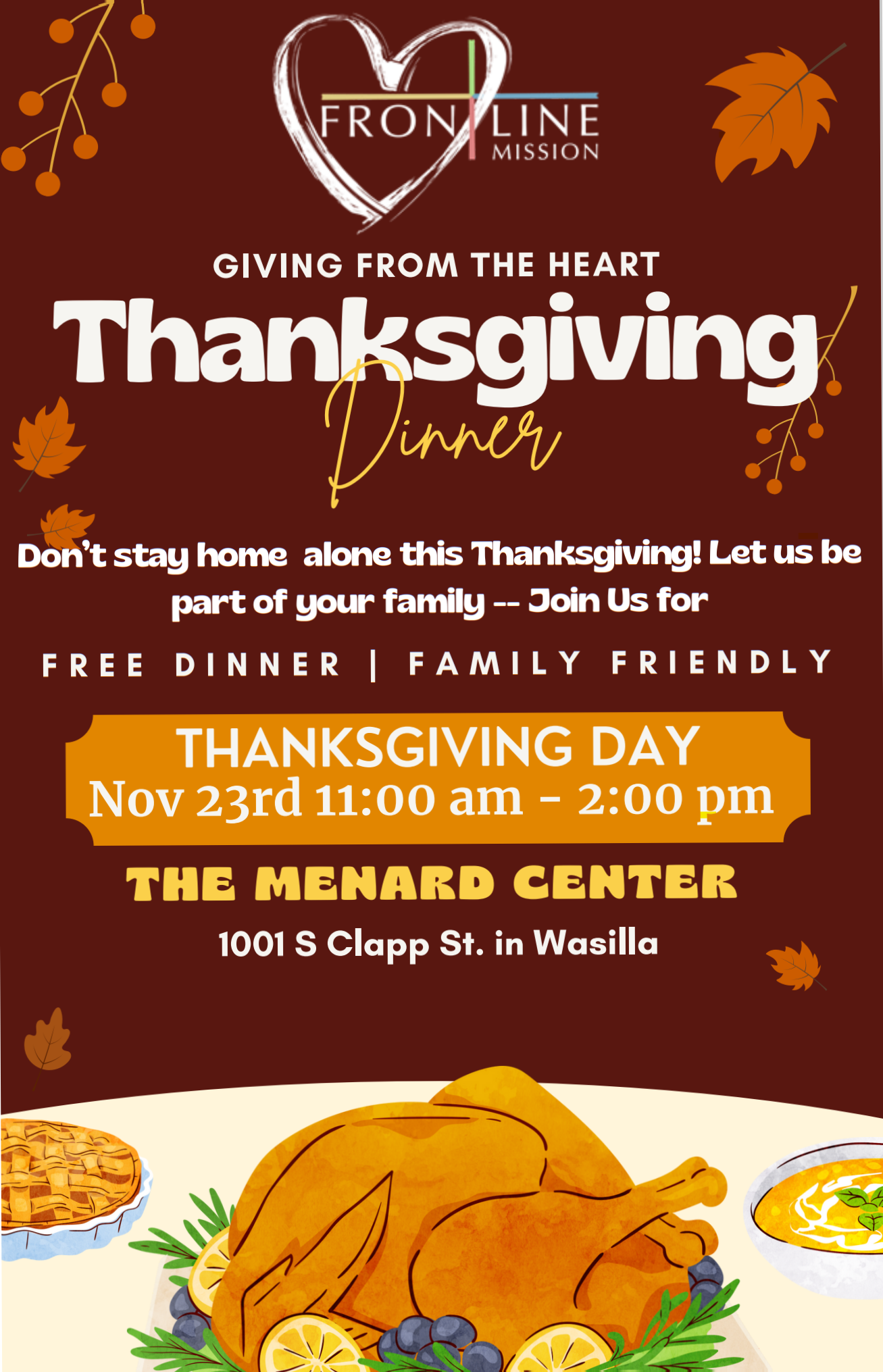 Flyer for free community Thanksgiving dinner event hosted by Frontline Mission