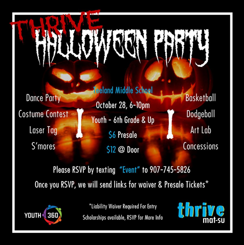 Event details for Halloween party hosted by Thrive Mat-Su & located at local middle school.