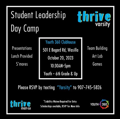 Flyer for a youth leadership day camp hosted by Thrive Mat-Su